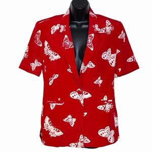 VINTAGE 90s Y2K RED BUTTERFLY BLAZER SHORT SLEEVE COTTAGE CORE RETRO SUMMER M
